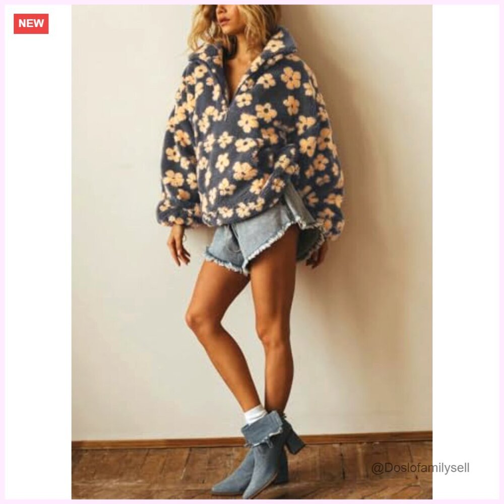 Women's Floral Faux Fur Pullover Fleece Sweatshirt Zip Up Sherpa Jacket - Picture 3 of 3